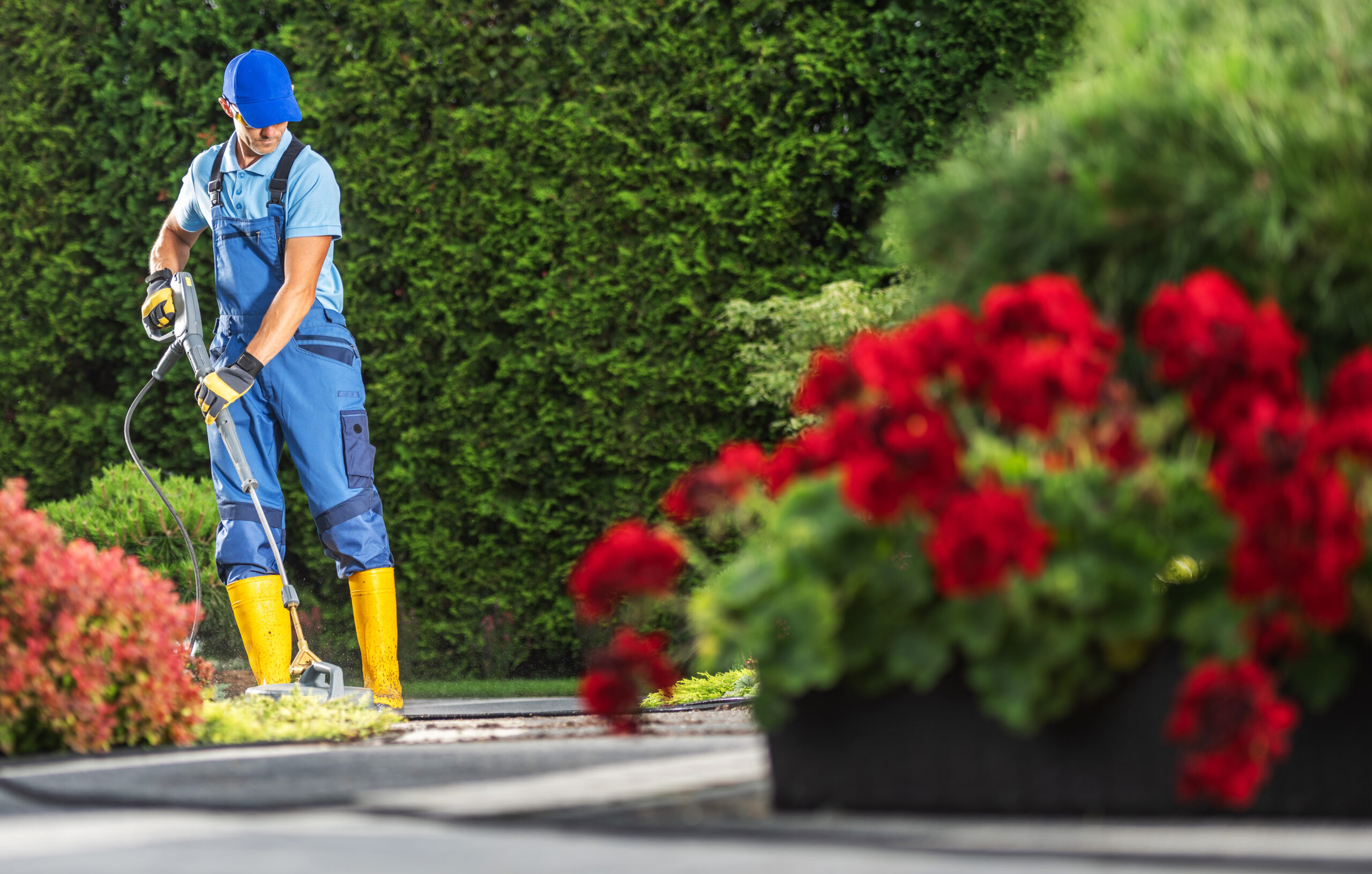 Caucasian Worker and Powerful Pressure Washing of a Brick Garden Paths